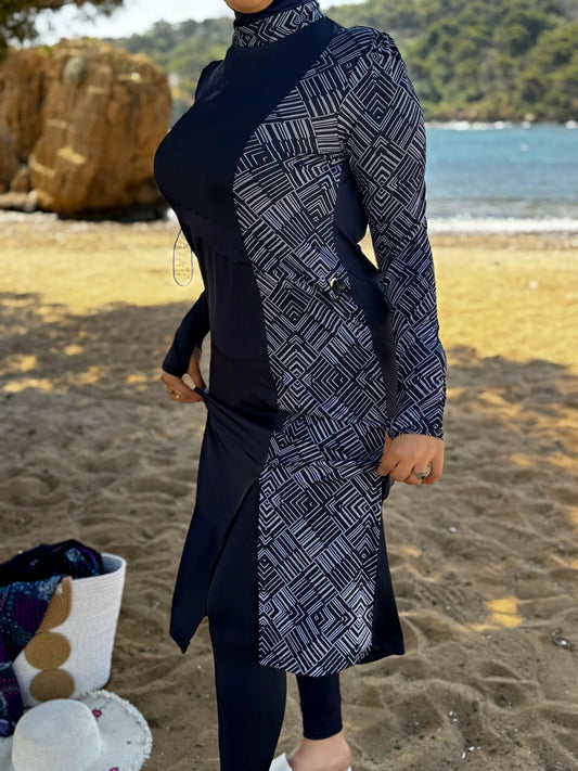 Burkini 3 pièces bleu a rayure blanc