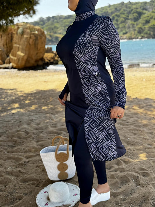 Burkini 3 pièces bleu a rayure blanc