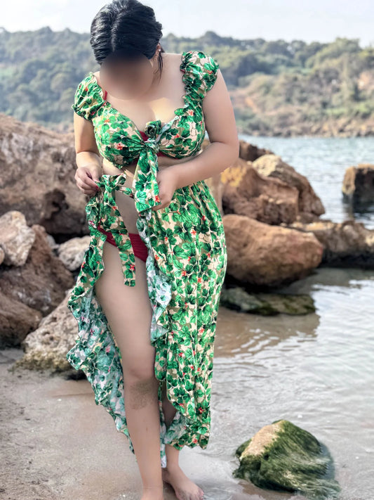 paréo 2 pièces vert a fleur marron