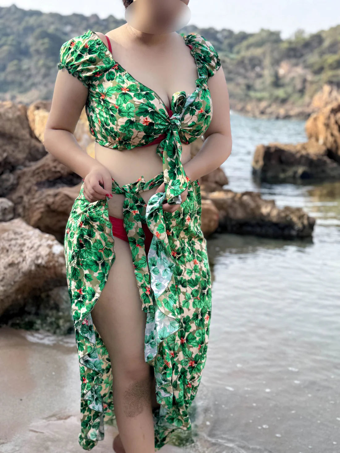 paréo 2 pièces vert a fleur marron