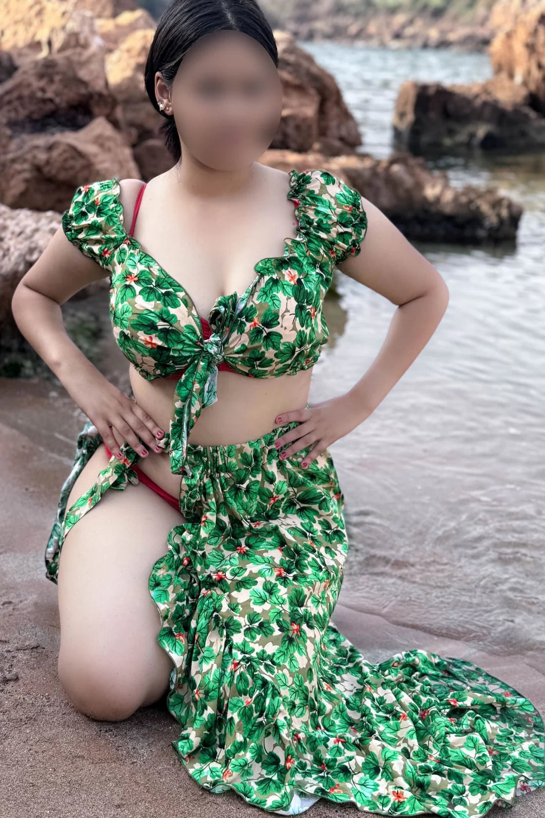 paréo 2 pièces vert a fleur marron